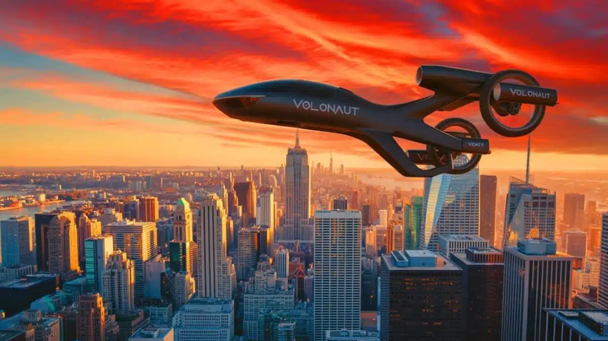 Illustration of the Volonaut Airbike soaring above a cityscape.