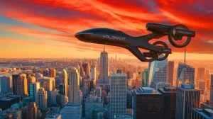 Illustration of the Volonaut Airbike soaring above a cityscape.