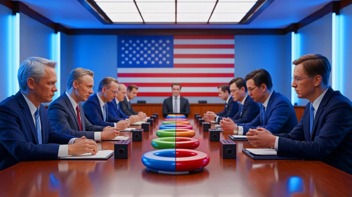 Illustration of trade tensions between the United States and China over rare-earth magnet exports.