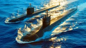 Illustration of two U.S. nuclear submarines deployed in response to Russian provocations.