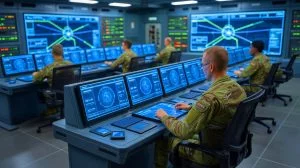 Illustration of advanced electronic warfare systems utilizing AI to disrupt enemy communications and defenses.