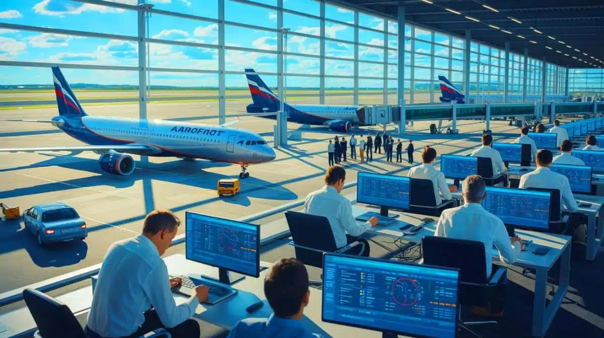 Illustration of Aeroflot aircraft grounded at an airport due to a cyberattack.