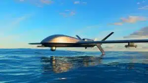 Illustration de l'innovant drone maritime autonome TALAY survolant la mer à basse altitude.