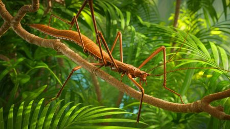 Illustration de la découverte d'un phasme géant de 40 centimètres dans les forêts tropicales australiennes.