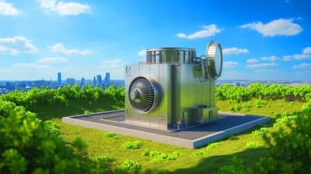 Illustration de réacteurs modulaires de NuScale Power fournissant énergie et eau potable de manière durable.