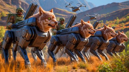 Illustration de loups robots utilisés par l'armée chinoise lors d'exercices militaires.