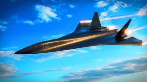 Illustration of the SR-72 "Darkstar" hypersonic aircraft demonstrating its speed and stealth capabilities.