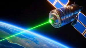 Illustration of a 2-watt laser transmitting data from a satellite in space.
