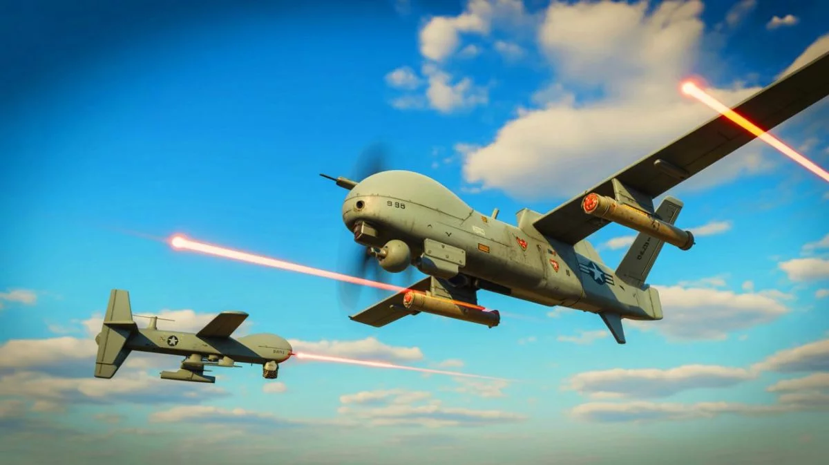 Illustration of a US Army SkyRaider drone equipped with a Claymore mine achieving a mid-air kill.