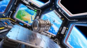 Illustration of a metallic object being 3D printed in space aboard the International Space Station.