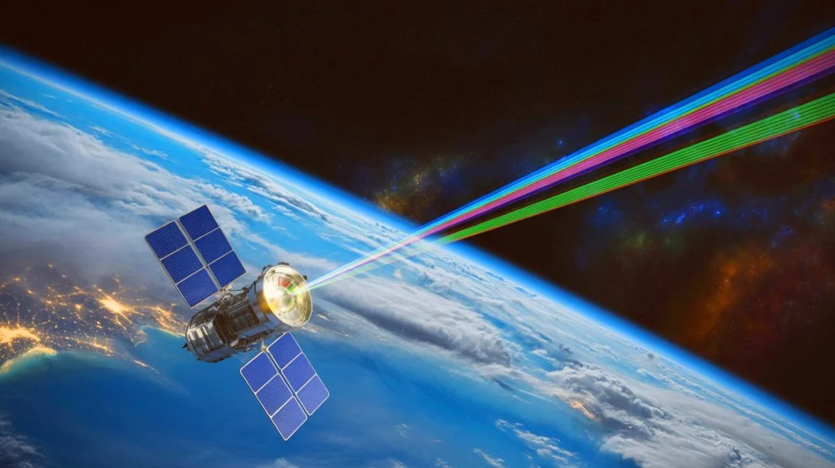 Illustration of a 2-watt laser achieving high-speed data transmission over vast distances.
