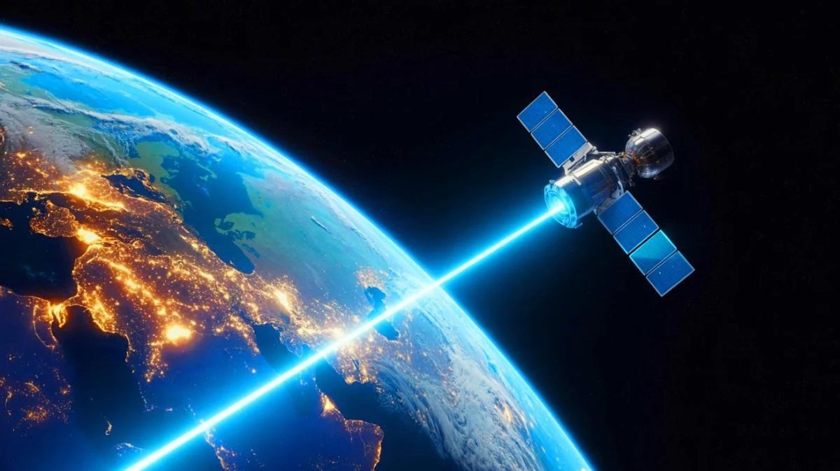 Illustration of a 2-watt laser transmitting data from space to Earth.