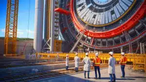 Illustration of the ITER project's collaborative effort to advance nuclear fusion technology.