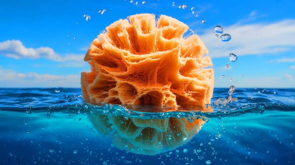 Illustration of a sponge-like aerogel material transforming seawater into freshwater using sunlight.