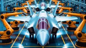 Illustration of Northrop Grumman's advanced manufacturing facility producing central fuselages for the F-35 Lightning II every 30 hours.