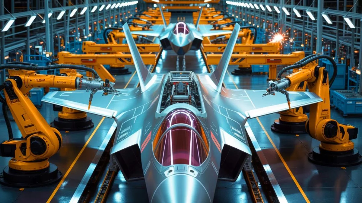 Illustration of Northrop Grumman's advanced manufacturing line producing F-35 Lightning II central fuselages.
