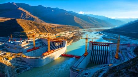 Illustration de la construction du plus grand barrage hydroélectrique du monde par la Chine au Tibet.