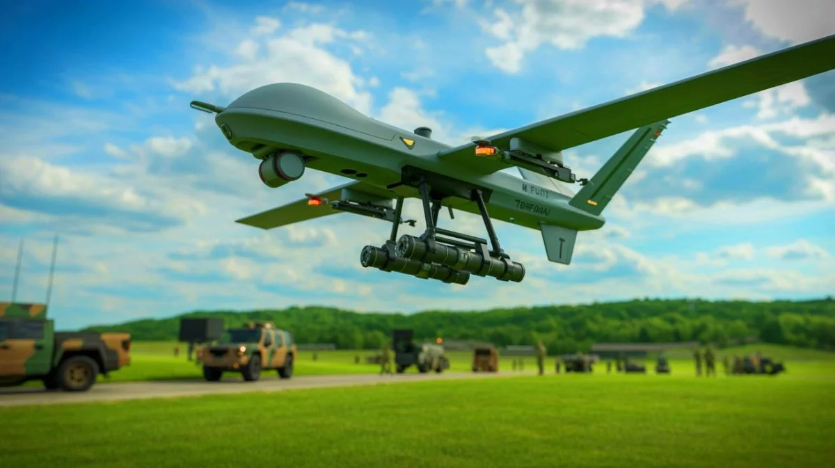Illustration de l'armée américaine testant un drone armé d'une mine Claymore à Fort Rucker.
