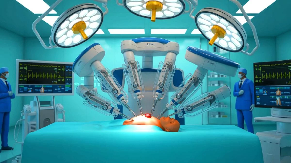Illustration of the SRT-H autonomous surgical robot performing a gallbladder surgery with precision.