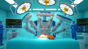 Illustration of the SRT-H autonomous surgical robot performing a gallbladder surgery with precision.