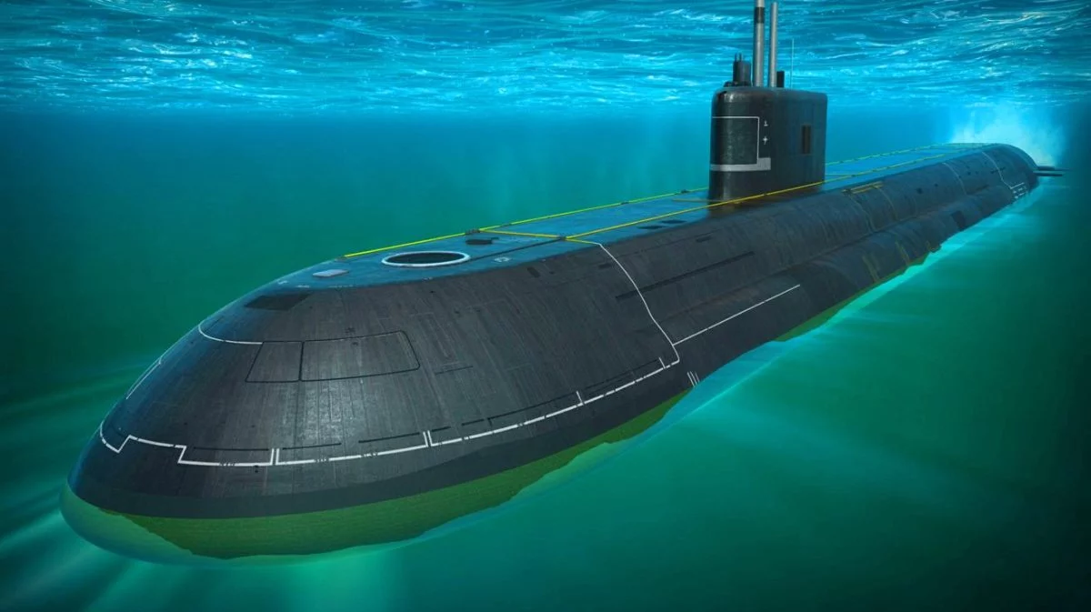 Illustration of the Virginia Block V submarine showcasing its enlarged hull and advanced stealth technology.