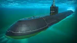 Illustration of the Virginia Block V submarine showcasing its enlarged hull and advanced stealth technology.