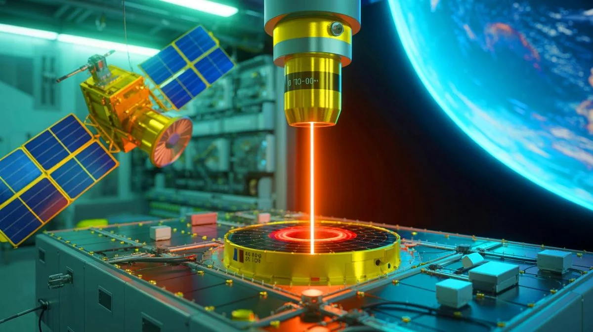 Illustration of a 2-watt laser achieving high-speed data transmission from a satellite to Earth.