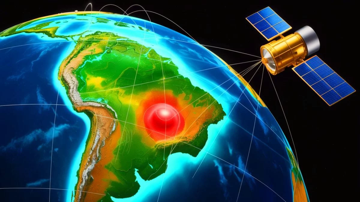 Illustration of the South Atlantic Anomaly affecting the Earth's magnetic field over South America.