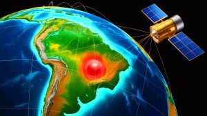 Illustration of the South Atlantic Anomaly affecting the Earth's magnetic field over South America.