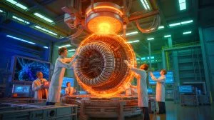 Illustration of scientists working on a key component for the ITER nuclear fusion reactor.
