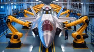 Illustration of Northrop Grumman's Integrated Assembly Line producing F-35 center fuselages.
