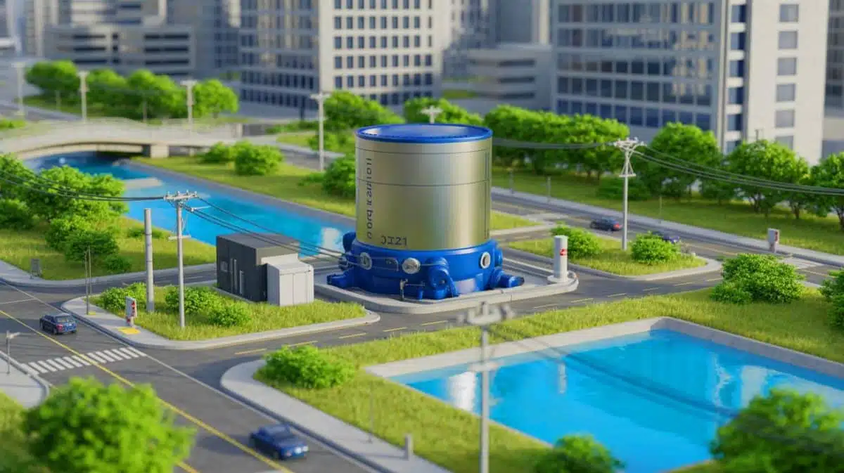 Illustration of a small modular reactor providing electricity and fresh water to a city.
