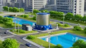 Illustration of a small modular reactor providing electricity and fresh water to a city.