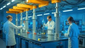 Illustration of researchers developing advanced particle damper technology to protect nuclear reactors from earthquakes.