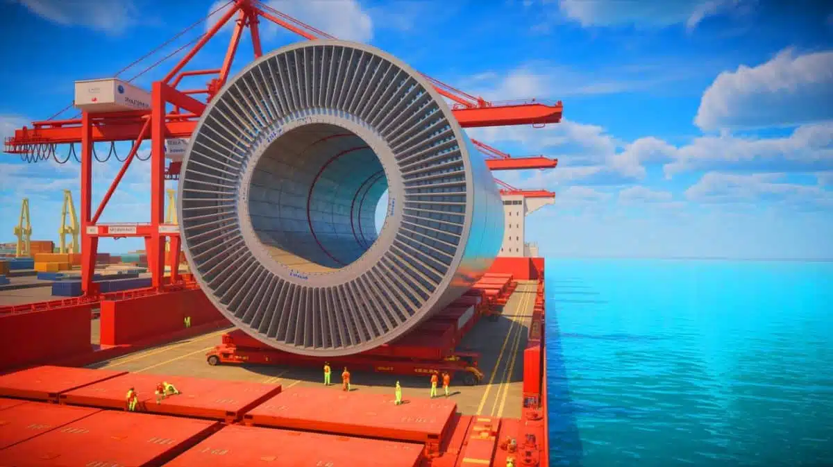 Illustration of a 60-foot superconducting magnet being transported for the ITER project.