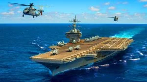 Illustration of the USS George Washington aircraft carrier in the Timor Sea.