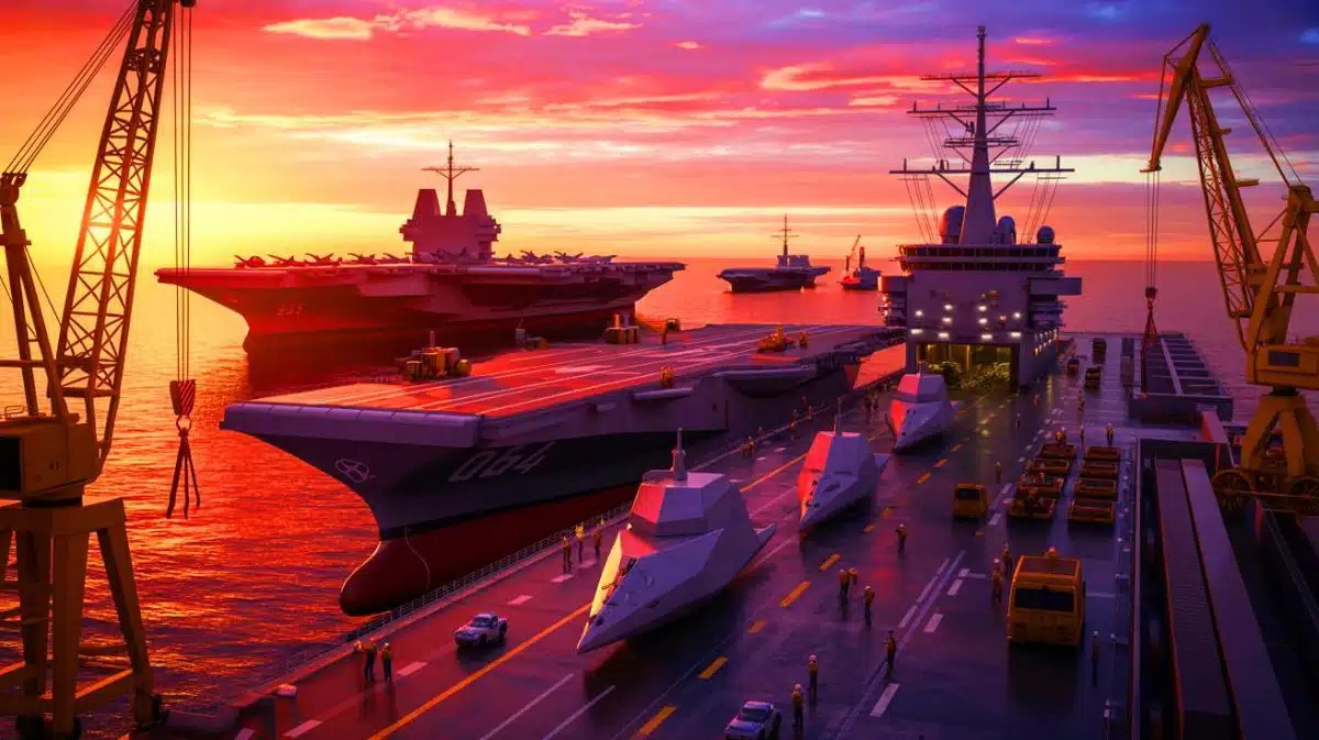 Illustration of the U.S. Navy's strategic efforts to expand and modernize its fleet in response to China's maritime rise.