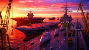 Illustration of the U.S. Navy's strategic efforts to expand and modernize its fleet in response to China's maritime rise.