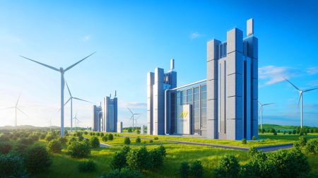 Illustration von der Schwerkraftbatterie Energy Vault in Rudong zur Speicherung erneuerbarer Energien.