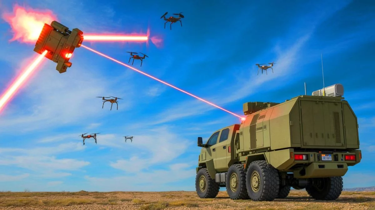 Illustration von einem hochenergetischen Lasersystem zur Drohnenabwehr.