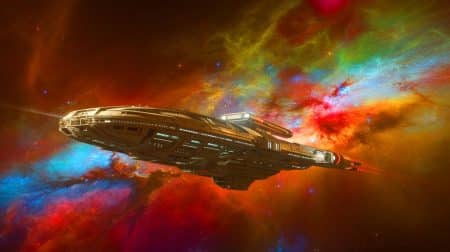 Illustration von einem interstellaren Raumschiff auf dem Weg zu Proxima Centauri b.