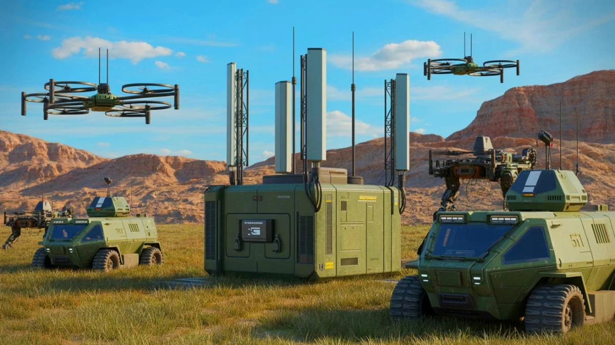 Illustration von Chinas fortschrittlicher 5G-Militärtechnologie in komplexem Terrain.