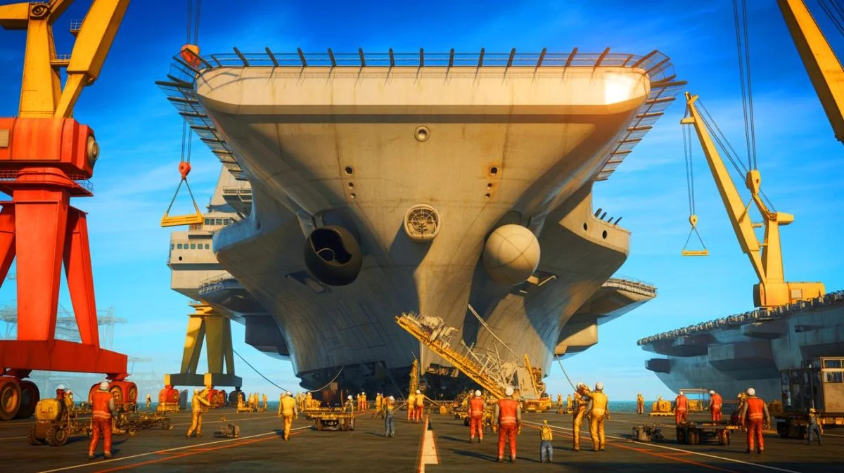 Illustration von der Demontage atomgetriebener Flugzeugträger der US-Marine und den damit verbundenen Herausforderungen.