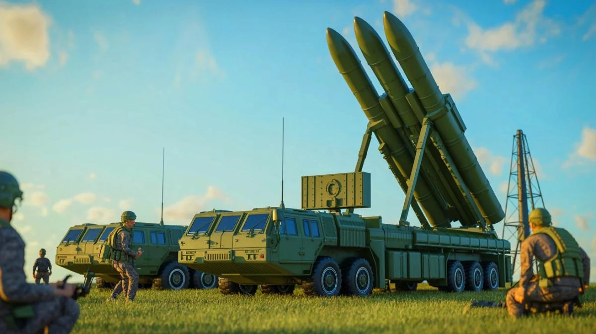 Illustration von der Nachbildung des chinesischen HQ-22 Raketenabwehrsystems durch die US Air Force.