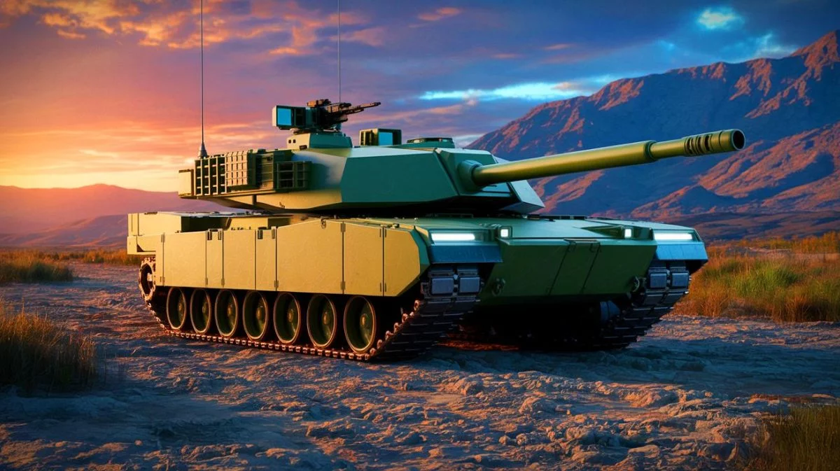 Illustration von einem modernen AbramsX-Panzer, der technologische Fortschritte in der gepanzerten Kriegsführung darstellt.