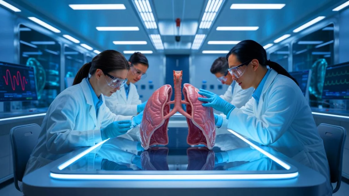 Illustration von der Transplantation einer genetisch modifizierten Schweinelunge in einen hirntoten Menschen.