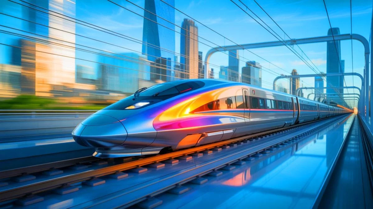Illustration von Chinas neuem Hochgeschwindigkeitszug CR450 bei einer Testfahrt.
