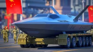 Illustration von einem unbemannten chinesischen Drohnenboot mit Tarnkappentechnologie bei einer Militärparade.