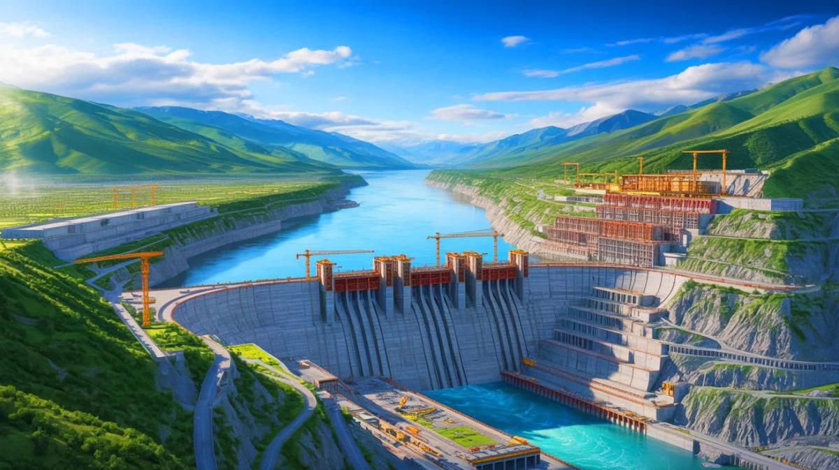 Illustration von Chinas Megadammbauprojekt am Yarlung Tsangpo im tibetischen Hochland.