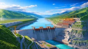 Illustration von Chinas Megadammbauprojekt am Yarlung Tsangpo im tibetischen Hochland.